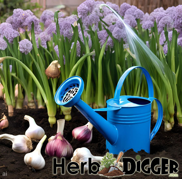 Blue Watering Can and Garlic on Soil ai HerbDigger.Com